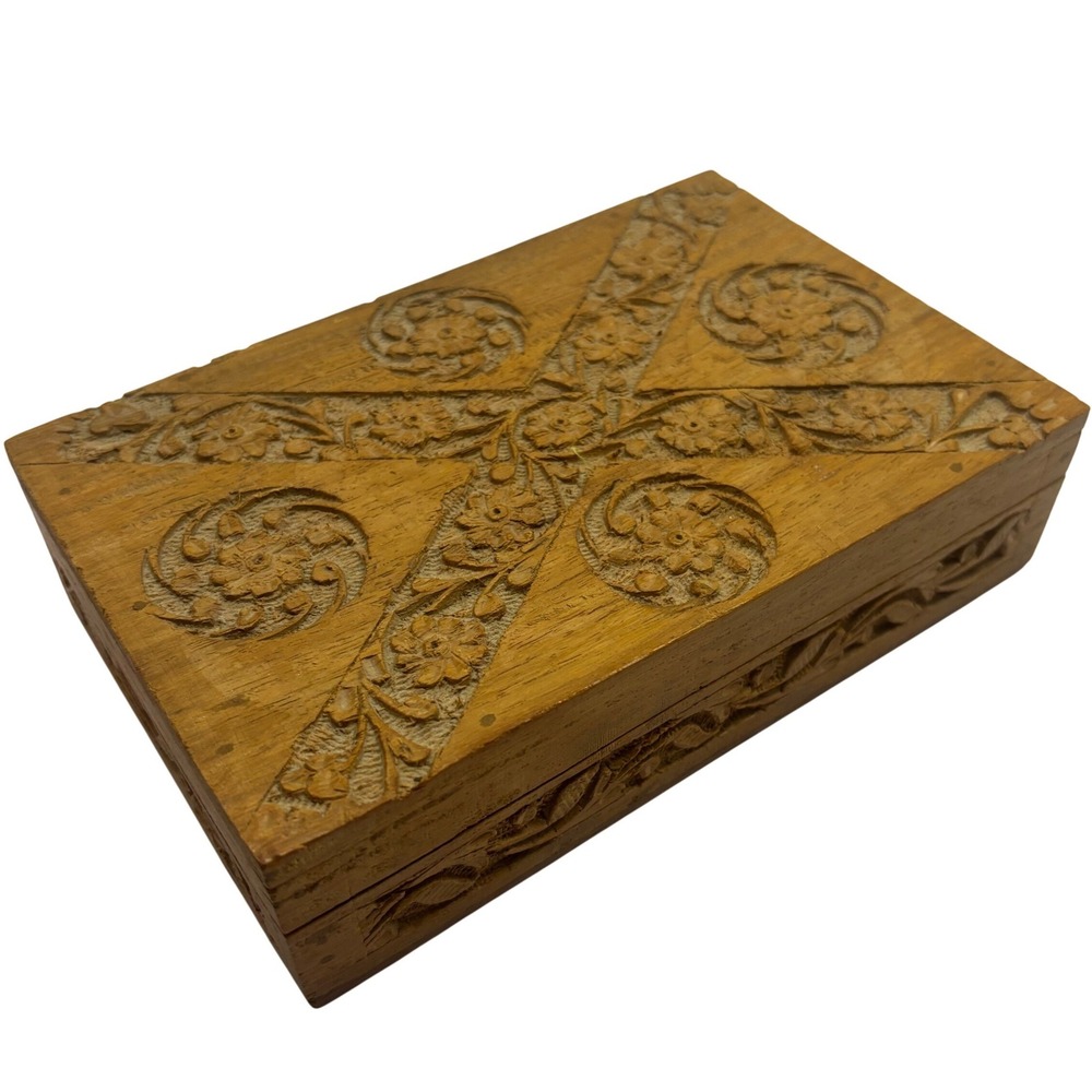 Vintage Hand Carved Wood Jewelry Trinket Box Floral India Boho Velvet Lined 8x5
